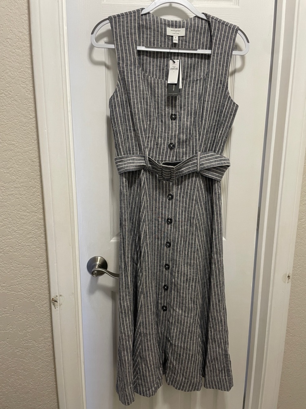 Banana Republic Linen Blend Gray Pinstripe Sleeveless Button-Front Midi Dress